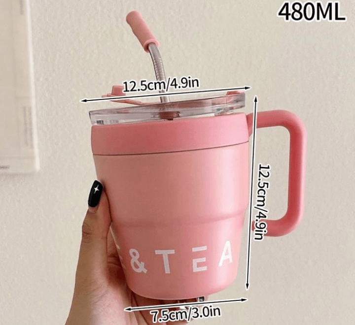 16oz/480ml Portable Coffee Cup With Handle And Straw, Stainless Steel Vacuum Insulated Mug, Double-Layer Coffee Mug For Outdoor Camping, Home And Office Use - Image 18
