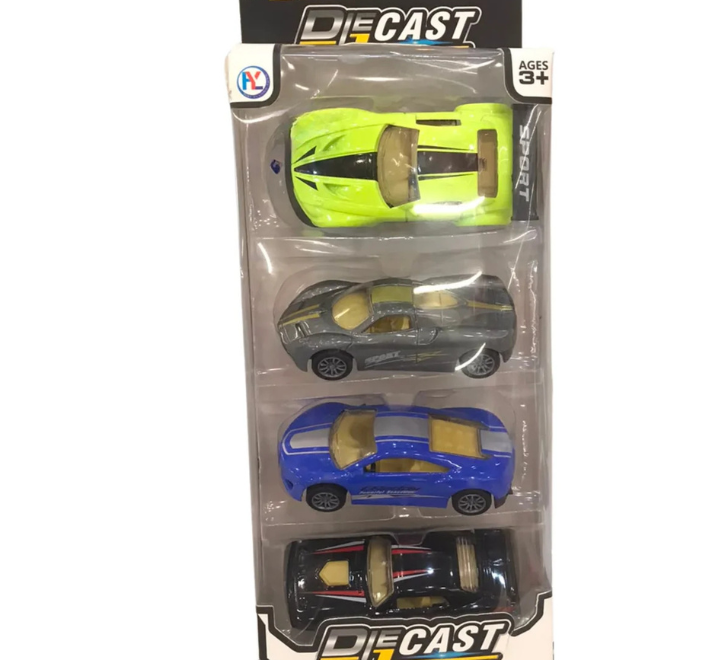 4-Piece Die-Cast Metal Toy Sports Car Set – Multi-Color Friction Racers