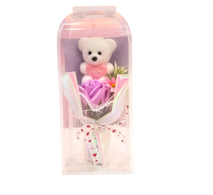 Mini Teddy Bear and Scented Soap Rose Flower Bouquet Gift Set