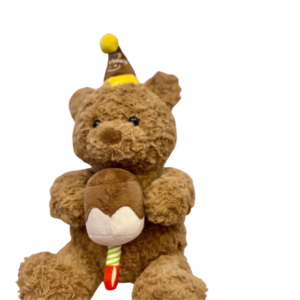 Plush Birthday Teddy Bear – Soft Stuffed Animal with Party Hat & Ice Cream Cone