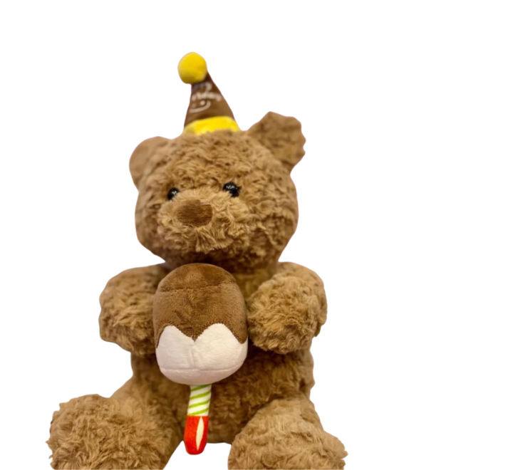 Plush Birthday Teddy Bear – Soft Stuffed Animal with Party Hat & Ice Cream Cone